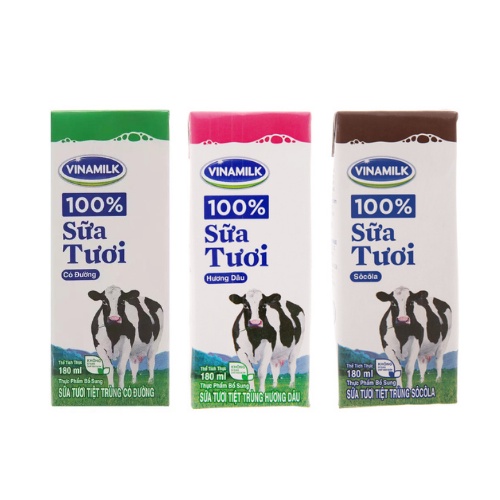 Sữa tươi tiệt trùng Vinamilk vị Dâu / Socola / Có đường / Ít đường vỉ 4 hộp loại 180ml