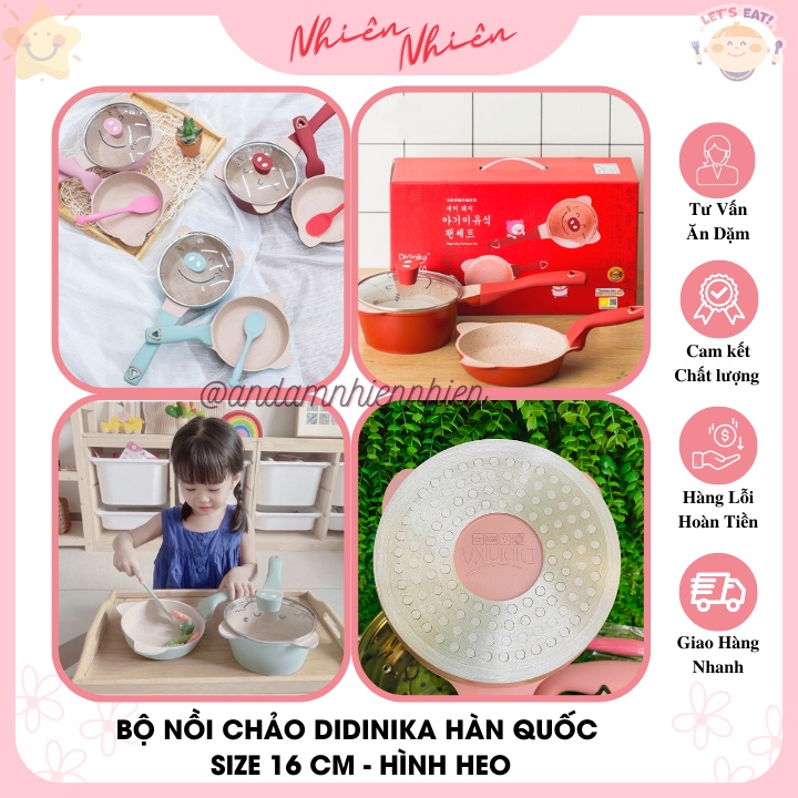 Bộ nồi chảo đá cao cấp Didinika Hàn Quốc 16 cm hình heo dễ thương nấu đồ ăn dặm cho bé