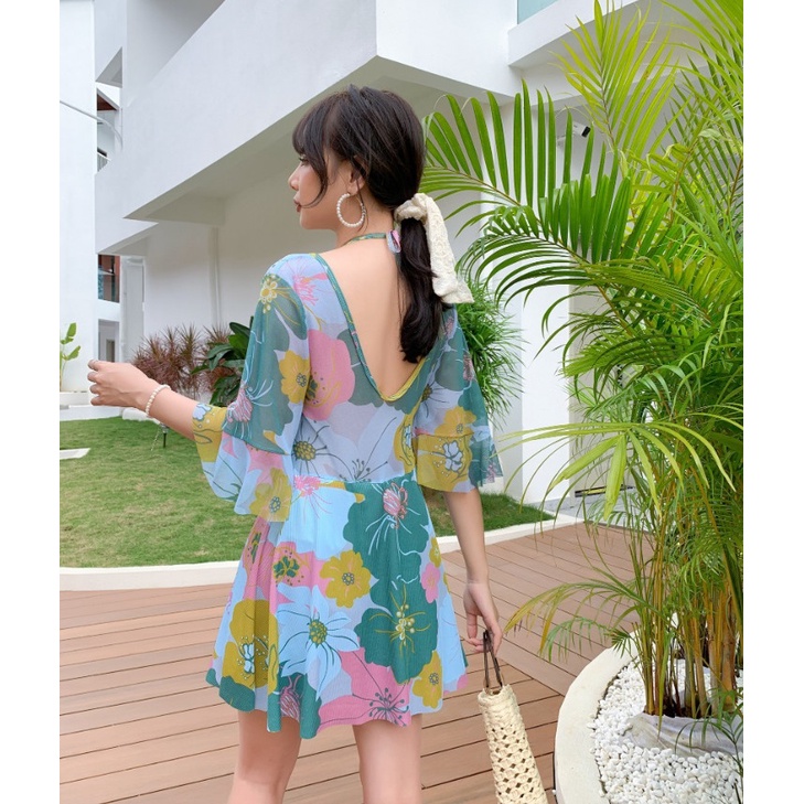 Bộ đồ bơi nữ liền mảnh váy họa tiết hoa chất thun dày đẹp phối lưới xịn size lớn