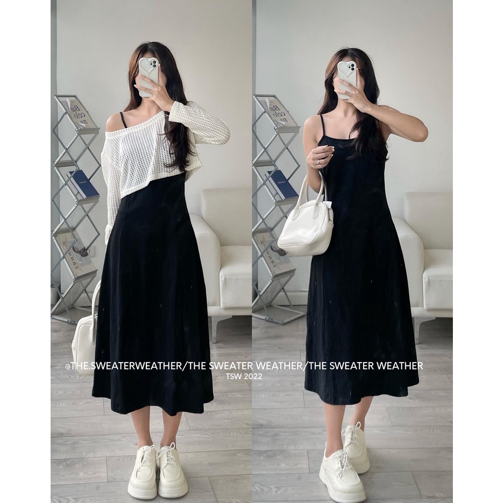 Set đầm midi 2s đen trơn basic kèm khoác crop lưới