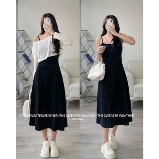 Set đầm midi 2s đen trơn basic kèm khoác crop lưới