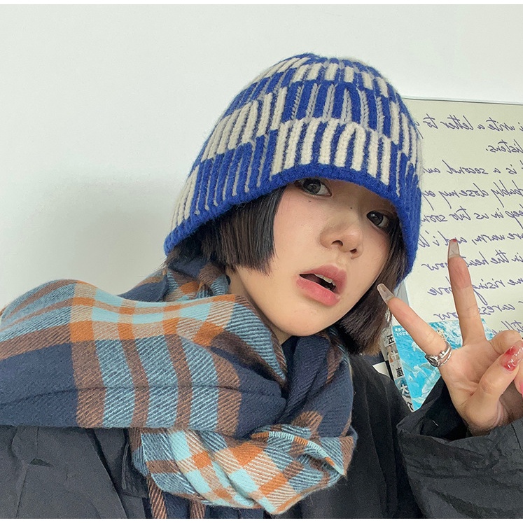 Mũ Bucket Len Dệt Kim Kẻ Sọc Phong Cách Thời Trang Thu Đông Hàn Quốc