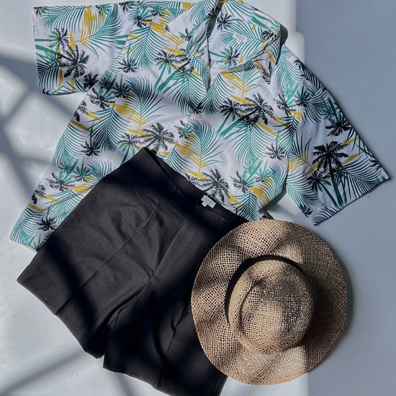 Áo Sơ Mi Tay Ngắn Hoạ Tiết Lá Dừa Cho Nam và Nữ