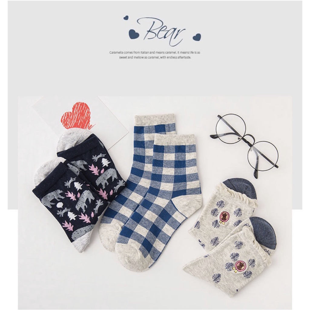Set 3 đôi tất cổ cao Bivota vớ nữ họa tiết gấu và cây thông xinh xắn T97