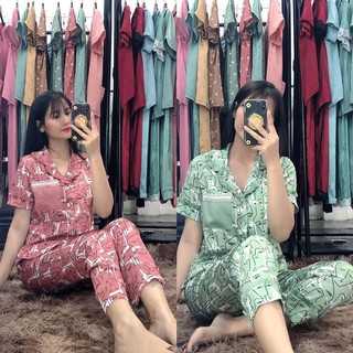 Bộ Pijama lụa giấy NOHK cao cấp mặc nhà cộc tay quần dài họa tiết túi phối ren