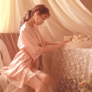 Áo choàng kimono lụa phối ren hàng nhập cao cấp (Màu cam sữa - không kèm váy bên trong) Thư Thư [HÀNG CAO CẤP]