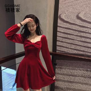 Đầm Nhung Dài Tay Cổ Vuông Phối Nơ Xinh Xắn Theo Phong Cách Hàn Quốc