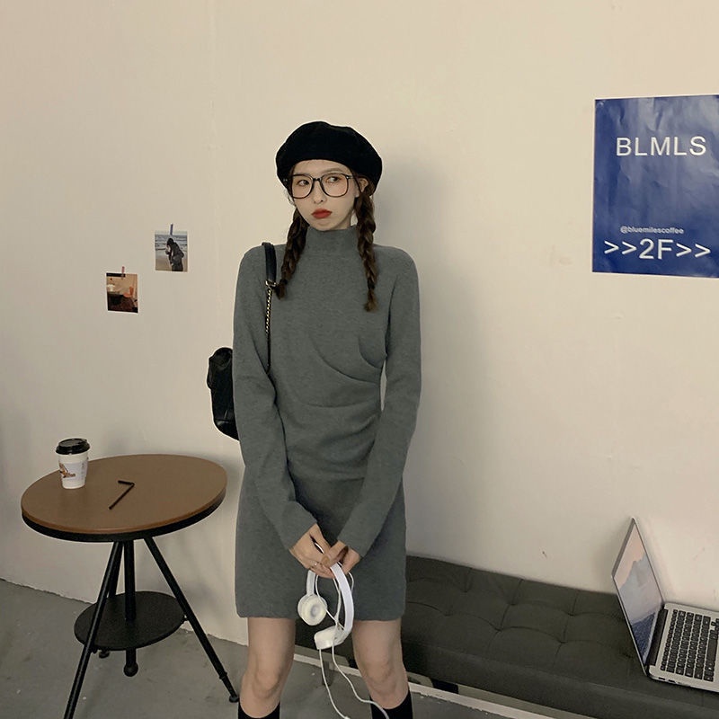 Đầm dệt kim Perty cổ cao dáng ôm thời trang mùa thu phong cách Hàn Quốc cho nữ
