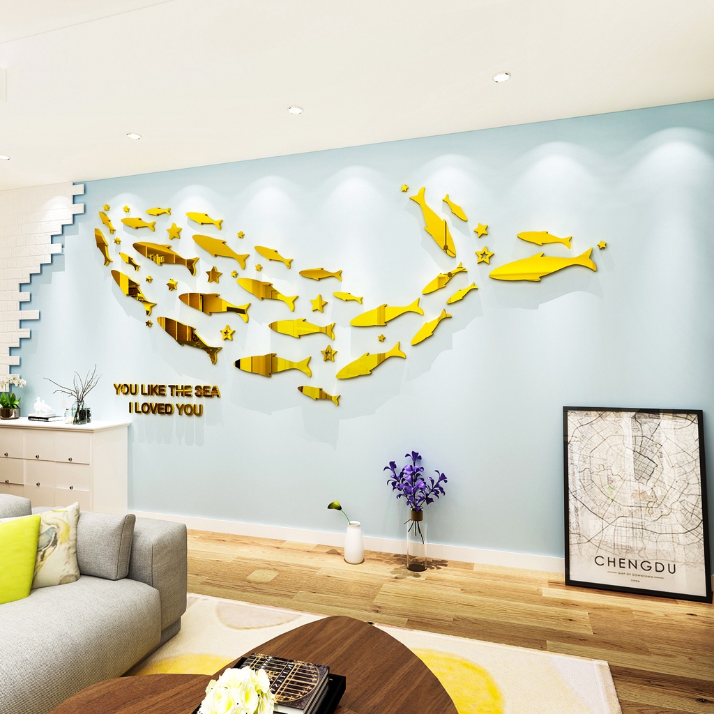 Miếng Dán Tường Trang Trí Hình Cá Đại Dương 3D Bằng Acrylic Tráng Gương Tự Dính Kiểu Bắc Âu Sáng Tạo Trang Trí Phòng Khách / Cửa