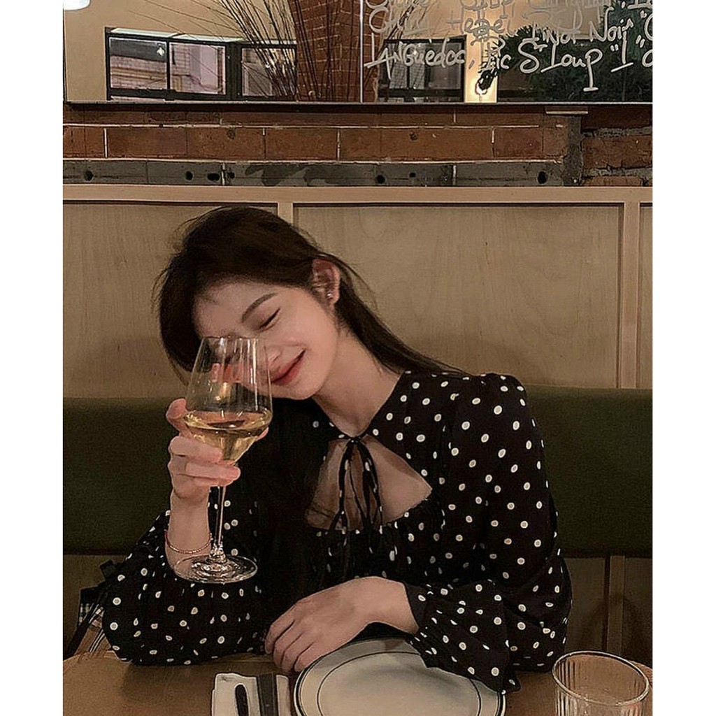 Đầm Nữ Sexy Cổ Hở Dài Tay, Vải Voan Họa Tiết Chấm Bi Đen, Thiết Kế Hàn Quốc SANMAY - VD017 | BigBuy360 - bigbuy360.vn