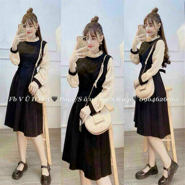 Đầm tiểu thư,,đầm cổ bèo tay dài phối, đầm dáng suông bèo lai phong cách Hàn Quốc, đầm công sở đơn giản trẻ trung
