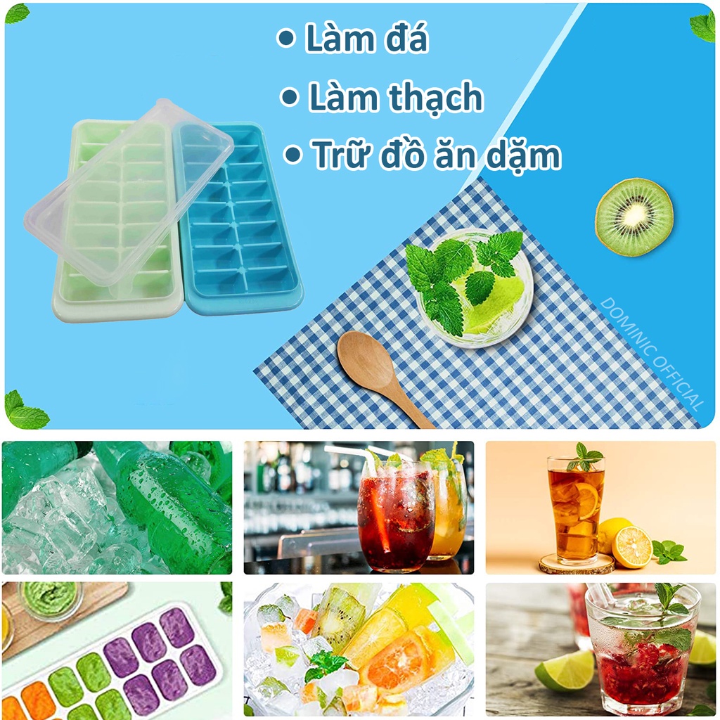 Khay Đựng Đá Tủ Lạnh Có Nắp Đậy 16 Viên Làm Thạch Hoa Quả Đa Năng Có Thể Xếp Chồng Tiện Dụng