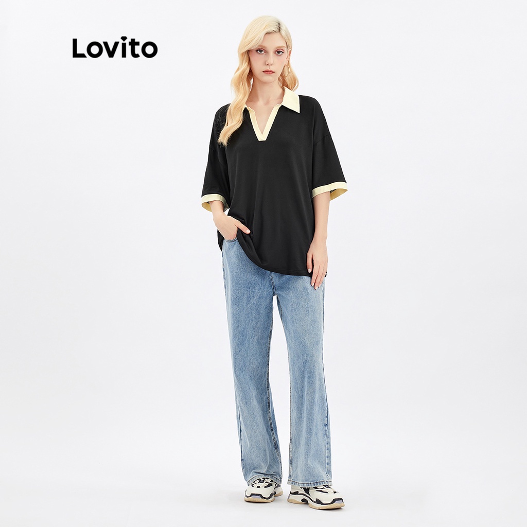 Áo thun Lovito oversize ghép nối màu sắc cổ V Polo màu trơn L30AD007 (màu đen)