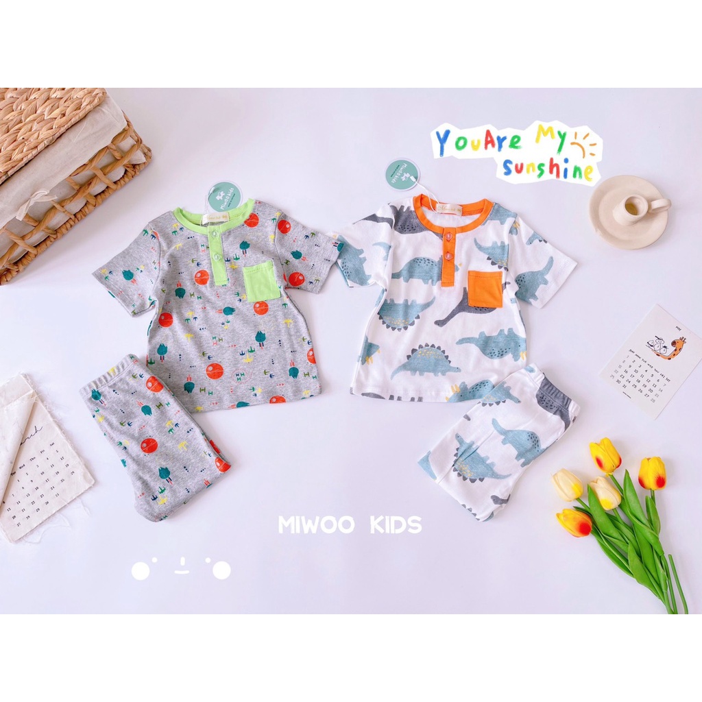 Đồ bộ bé trai tay ngắn quần dài thun cotton miwoo kid hoạ tiết động vật con thú cổ trụ phối túi áo - STMA