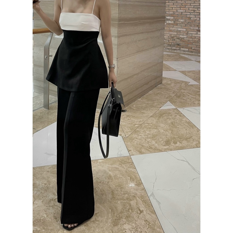 Set áo peplum phối màu + Quần suông, freesize dưới 55kg, chất cotton lạnh, phong cách sang chảnh