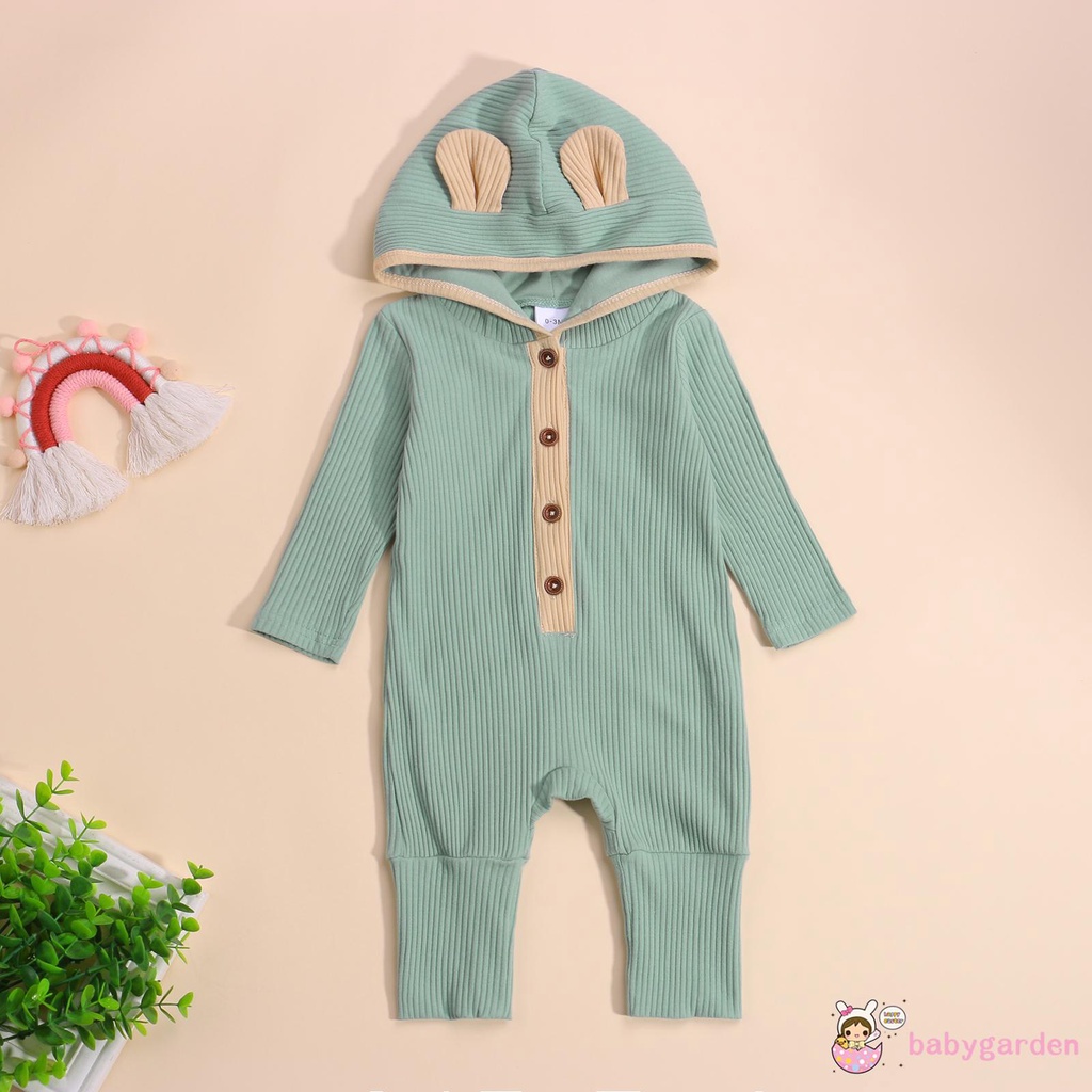 Áo liền quần tay dài có mũ màu tương phản phối nút cài thời trang dễ thương cho bé