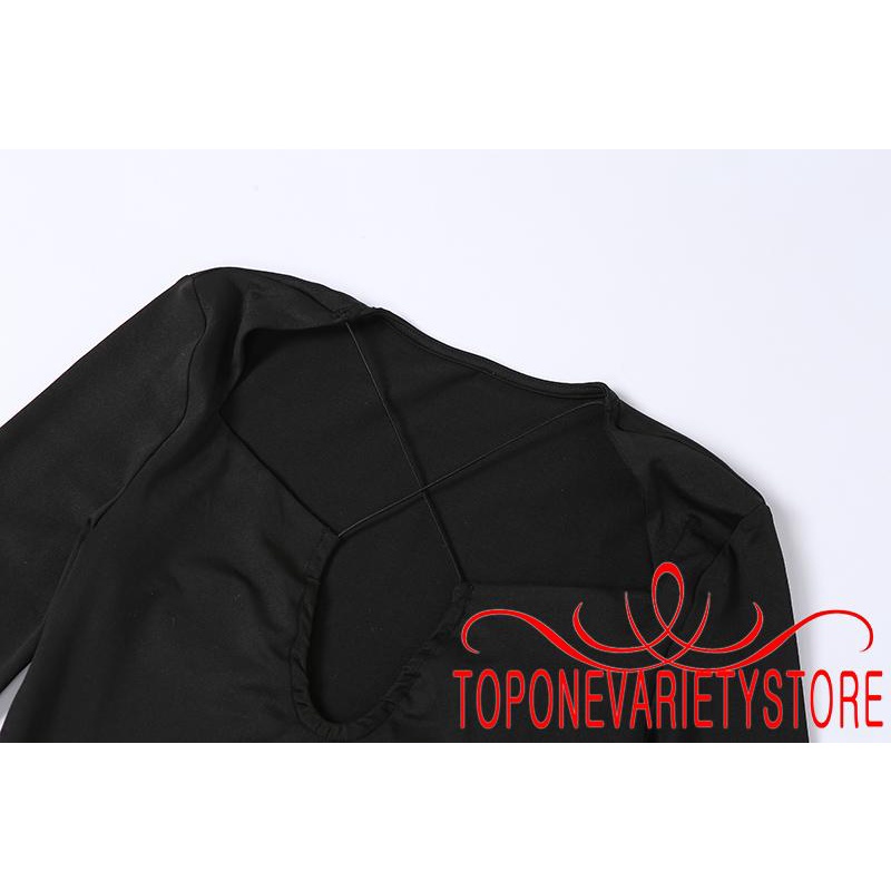 Topone-Women´s Autumn Sexy Skinny Dress Black Long Sleeve Chest Hollow Side Split Long Dress