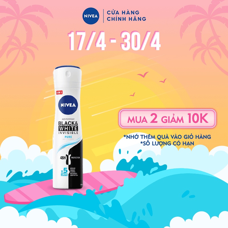 Xịt ngăn mùi NIVEA Black &amp; White 5in1 ngăn vệt ố vàng vượt trội (150ml) 82230