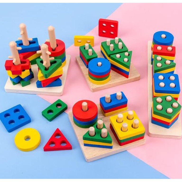 Xếp gỗ vào cột màu Macaron dành cho bé từ 2 tuổi đồ chơi giáo dục montessories