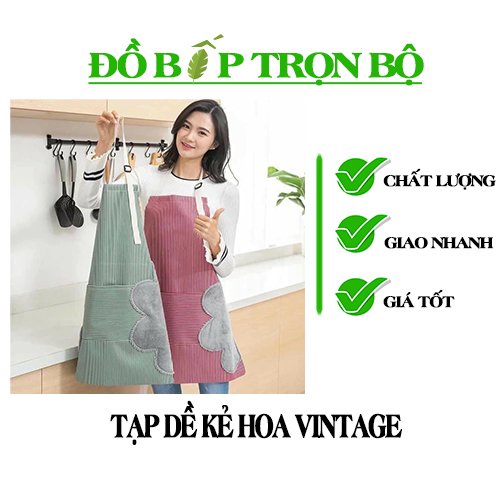 Tạp dề kẻ hoa vintage Hàn Quốc chống thấm nước có khăn lau tay bên hông