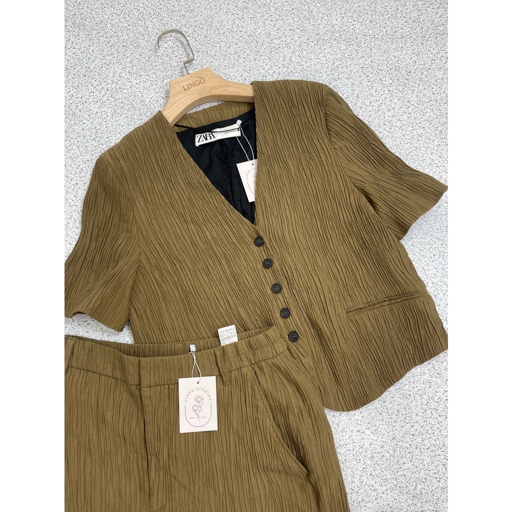 Set áo quần ZARA hàng hiệu chính hãng thời trang nữ S28 màu nâu rêu size M secondhand thanh lý ký gửi