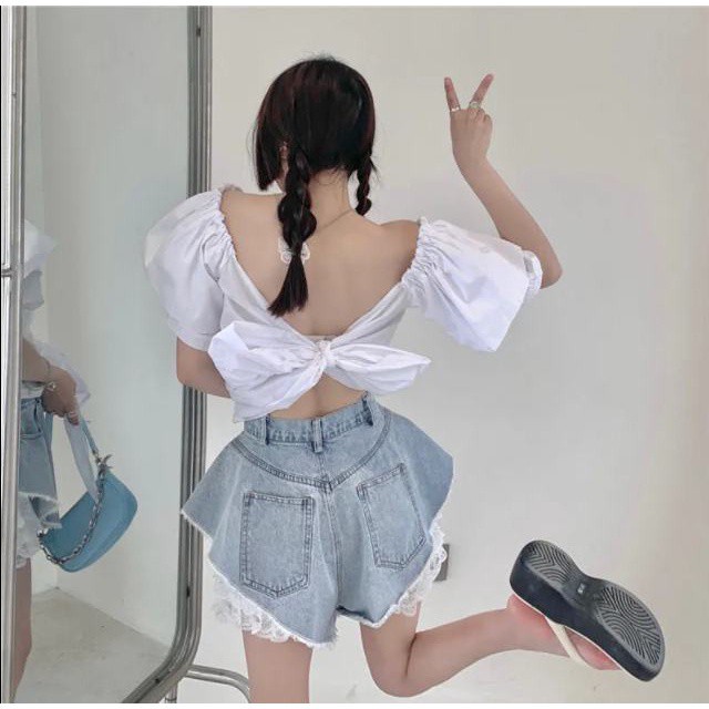 Quần đùi denim lưng cao phối quần ren bên trong mẫu 2023 thời trang mùa hè dành cho nữ