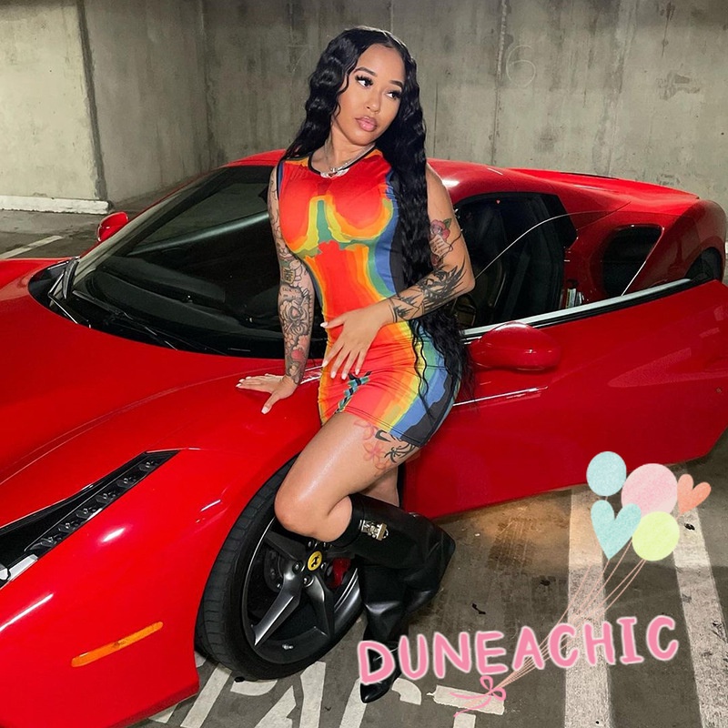 DUNEA Đầm Sát Nách In Họa Tiết 3D Màu Sắc Tương Phản Quyến Rũ Cho Nữ