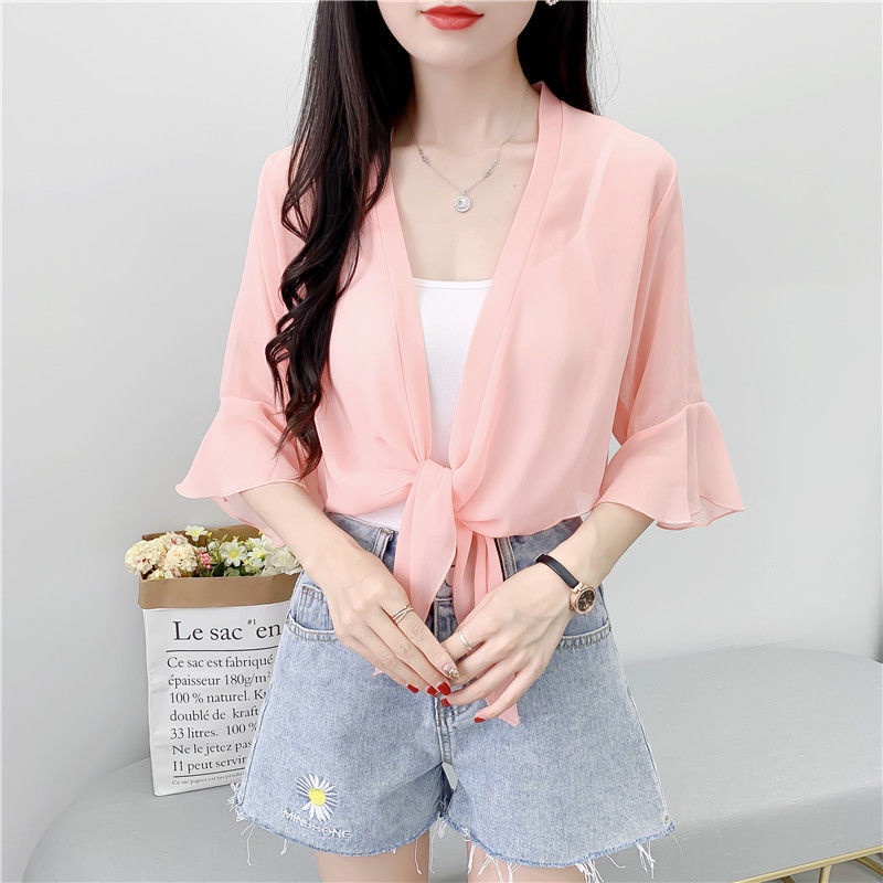 Áo Khoác Voan Mỏng Chống Nắng Dáng Ngắn Phối Váy Thời Trang Cho Nữ