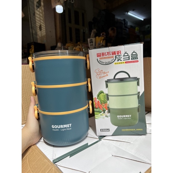 Cà Mên Giữ Nhiệt Hộp Đựng Thức Ăn 2 Tầng Gourmet 2200ml Có Tay Cầm Lõi Inox 304 Cao Cấp - tặng Kèm Muỗng