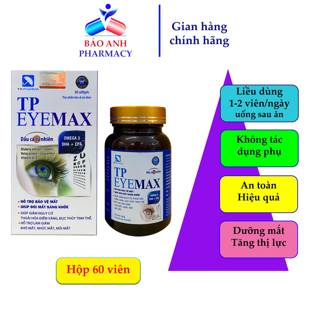 VIÊN SÁNG MẮT, BỔ MẮT CHỨA LUTEIN, OMEGA 3, DHA, VITAMIN A, VITAMIN E GIÚP DƯỠNG MẮT, CHỐNG LÃO HÓA MẮT - TP EYE MAX 60v