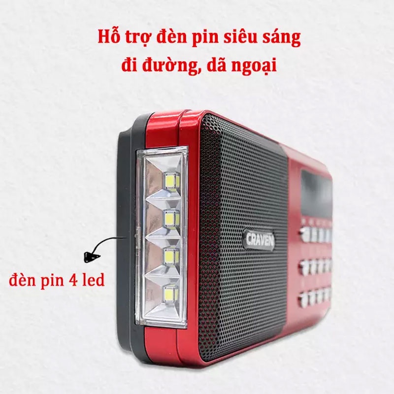 Loa đài FM Craven CR-65 hỗ trợ Thẻ nhớ/ USB/ Tai nghe/ Đèn pin - dùng pin sạc BL-5C hoặc pin tiểu AA (Đen đỏ)