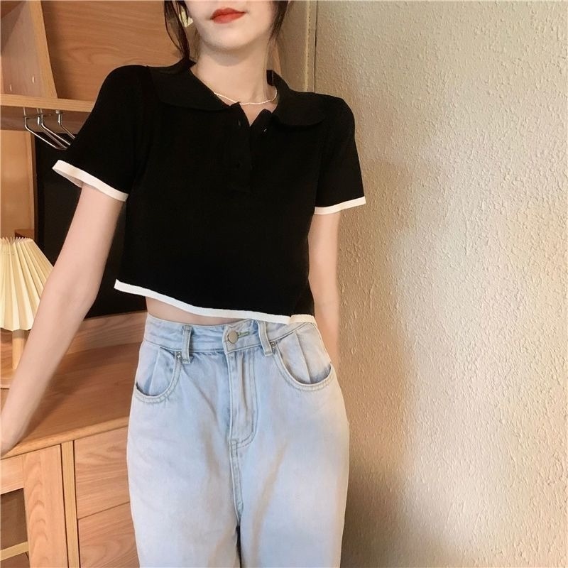 Áo polo Mỏng Tay Ngắn Màu Đen Thời Trang Mùa Hè Dành Cho Nữ