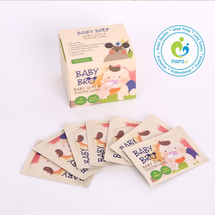 Khăn giấy (25 miếng) gạc tưa lưỡi Xylitol vệ sinh răng miệng cho bé 0-3 tuổi Babybro gum &amp; tooth wipes, Hàn Quốc