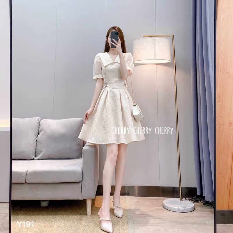 Váy tiểu thư gấm xòe xếp ly trẻ trung hàn quốc