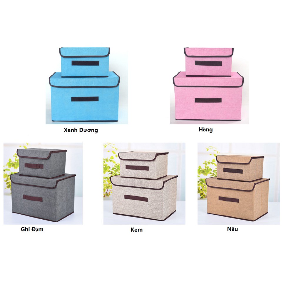 Combo 2 hộp vải đựng quần áo, đồ chơi vải cứng - Hộp túi vải gấp gọn đựng đồ đa năng có nắp decor nhà cửa