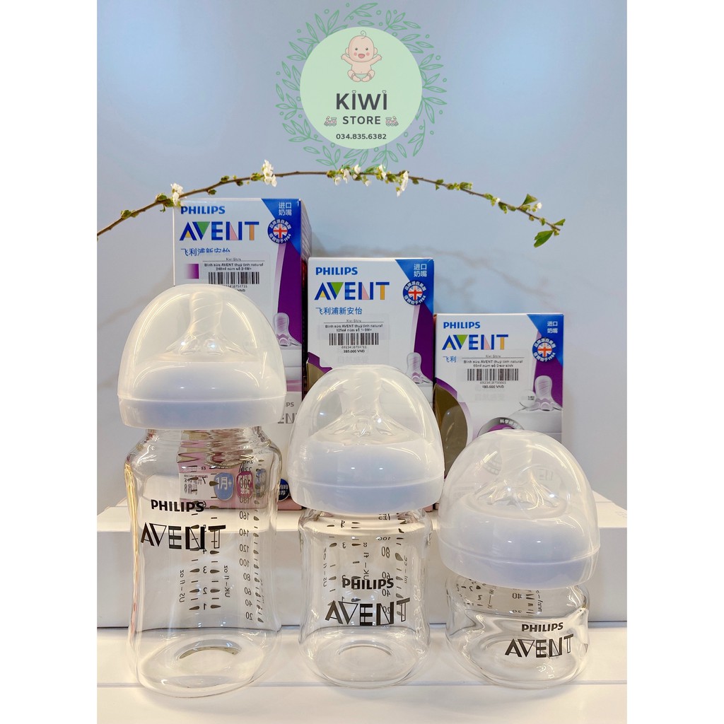 Bình sữa thủy tinh Avent Natural 60ml/125ml/240ml cho bé ( có đổi núm size )