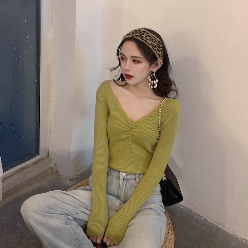 Áo Sweater Tay Dài Cổ Chữ V Form Ôm Phong Cách Hàn Quốc Dễ Phối Đồ Với 8 Màu Lựa Chọn | BigBuy360 - bigbuy360.vn