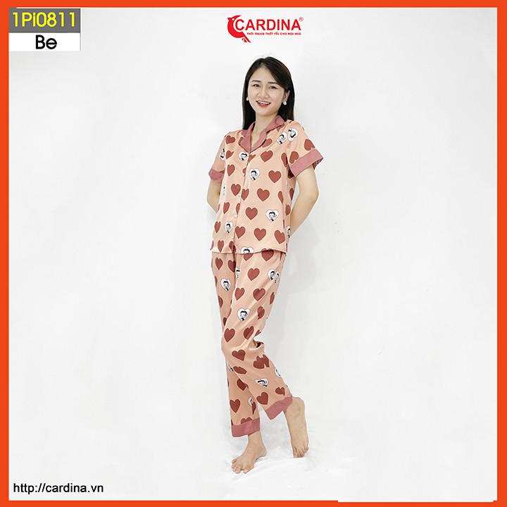 Đồ bộ pijama nữ CARDINA chất lụa satin Nhật cao cấp quần dài áo cộc tay họa tiết tinh tế trẻ trung 1Pi08.