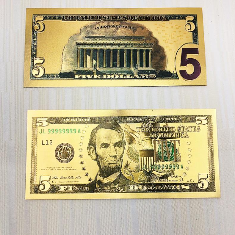 Tờ Tiền Kỉ Niệm 5 Đô Plastic (5 USD) Mạ Vàng Lì Xì Tết May Mắn