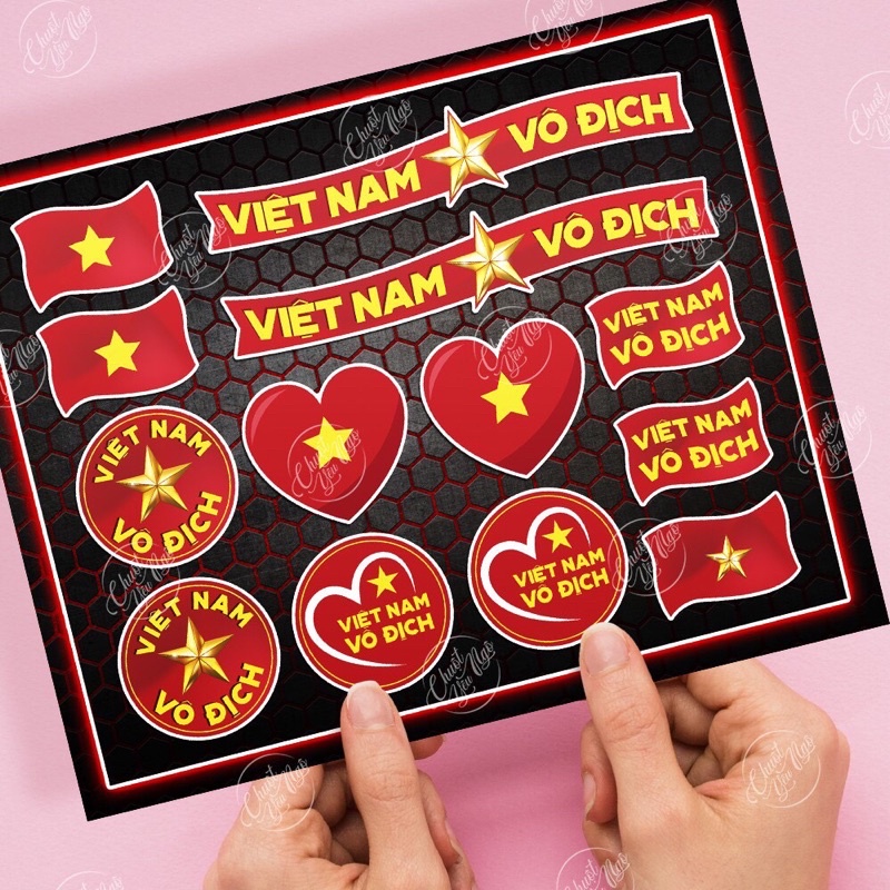 Bộ 13 sticker decal chống nước hình dán trái tim đỏ lá cờ đỏ sao vàng Việt Nam vô địch tôi yêu VN cổ động bóng đá NT 30