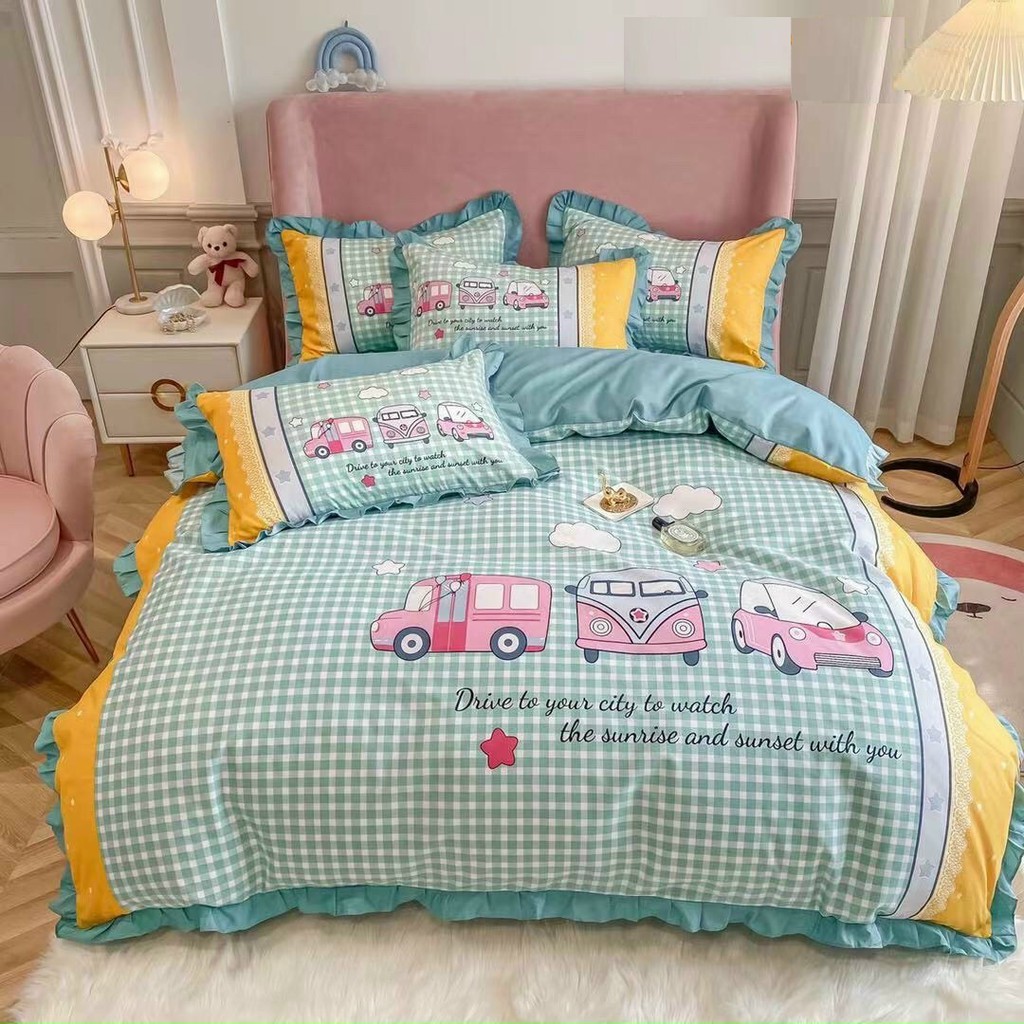 Bộ Chăn Ga Gối Cotton Bèo Hàn Quốc - Caro Xanh