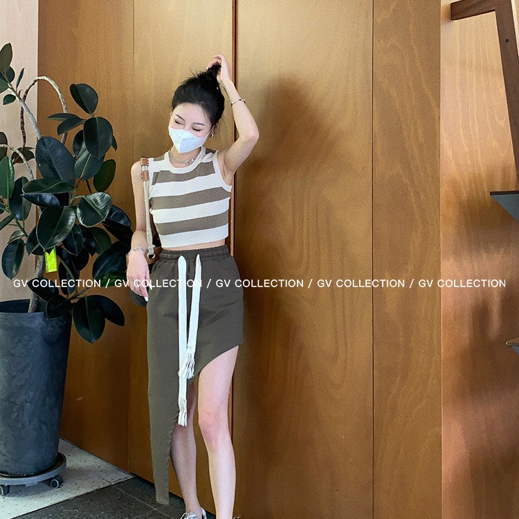 SUXI Áo Dệt Kim Sát Nách Cổ Tròn Dáng Ôm Họa Tiết Kẻ Sọc Thời Trang Mùa Hè Dễ Phối Đồ Cho Nữ