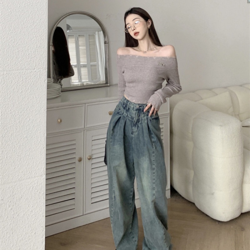 Áo Sweater Dệt Kim Mỏng Tay Dài Màu Trơn Thiết Kế Rách Cá Tính