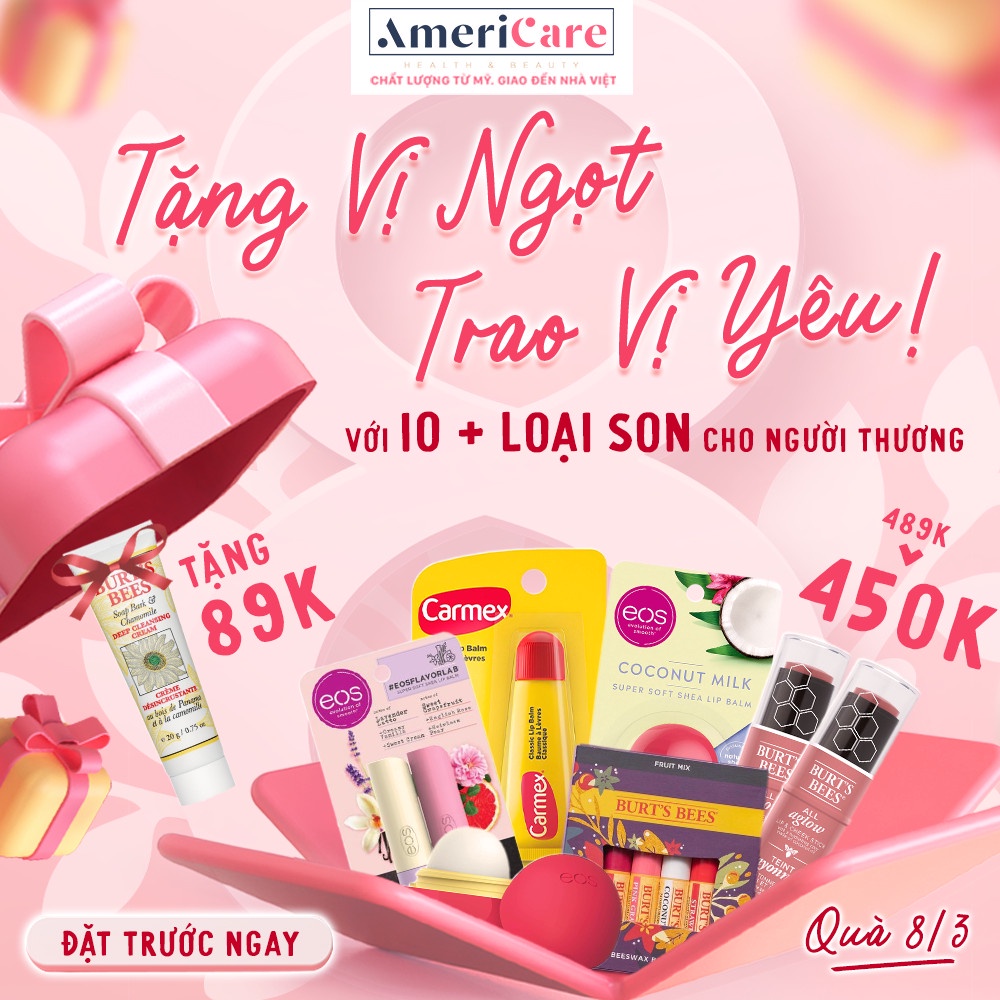 Set Son Dưỡng, Son dưỡng có màu Carmex, Burt Bee Đủ Loại, Đủ Mùi - Quà Tặng Kèm Hộp