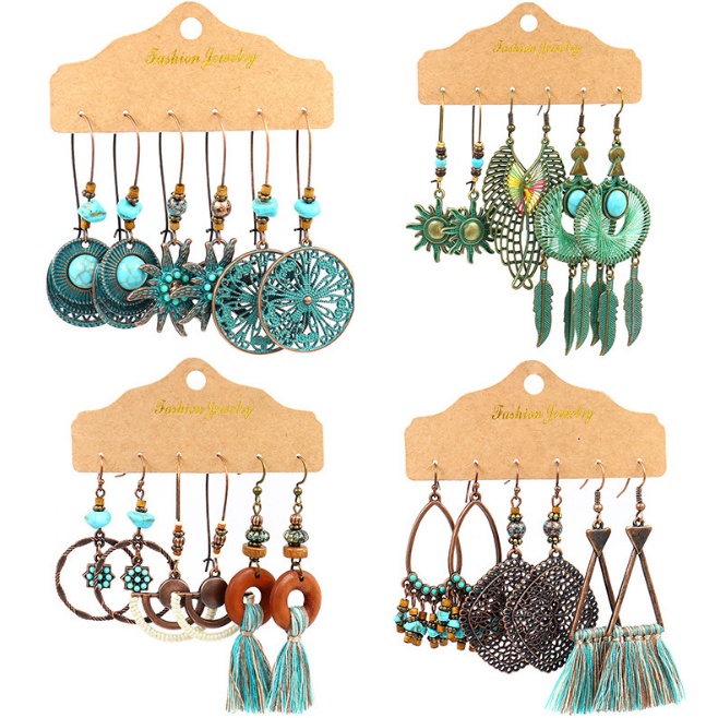 Set 3 Đôi Bông Tai Boho Tông Xanh