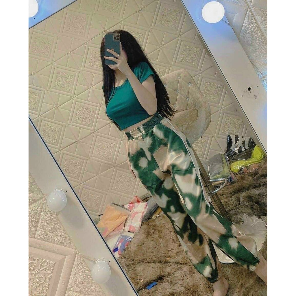 Sét bộ áo croptop cổ tròn trơn phối quần dày bo ống màu loang cực xinh , chất thun bozip dày dặn ( ảnh thật )