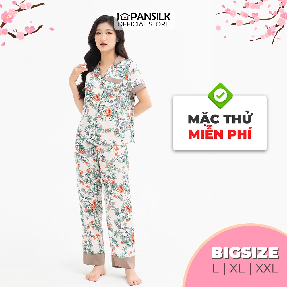 Bộ đồ ngủ Bigsize Pijama lụa Nhật cao cấp JAPANSILK, ngắn tay quần dài màu sắc tối giản tôn dáng