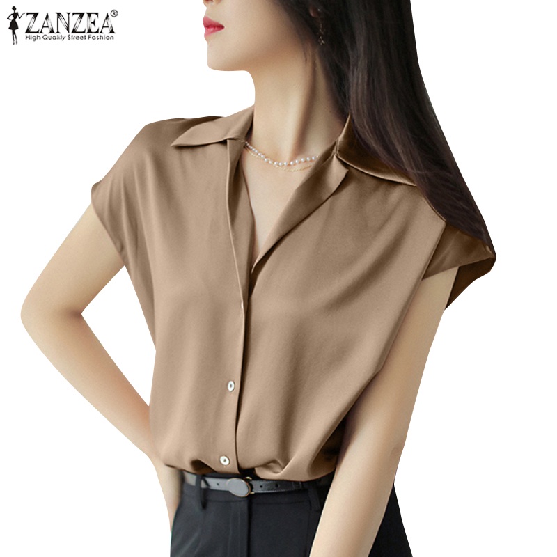 Zanzea Áo Sơ Mi Vải Satin Tay Ngắn Cổ Chữ V Màu Trơn Thời Trang Cho Nữ