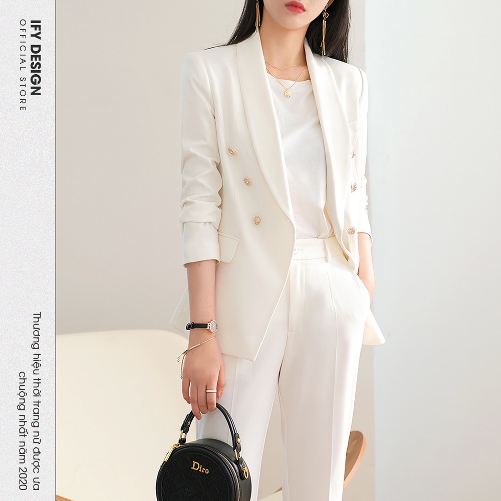 Áo khoác vest blazer nữ màu trắng cổ sam, túi cơi ngưc IFY Deisgn FS260A | BigBuy360 - bigbuy360.vn