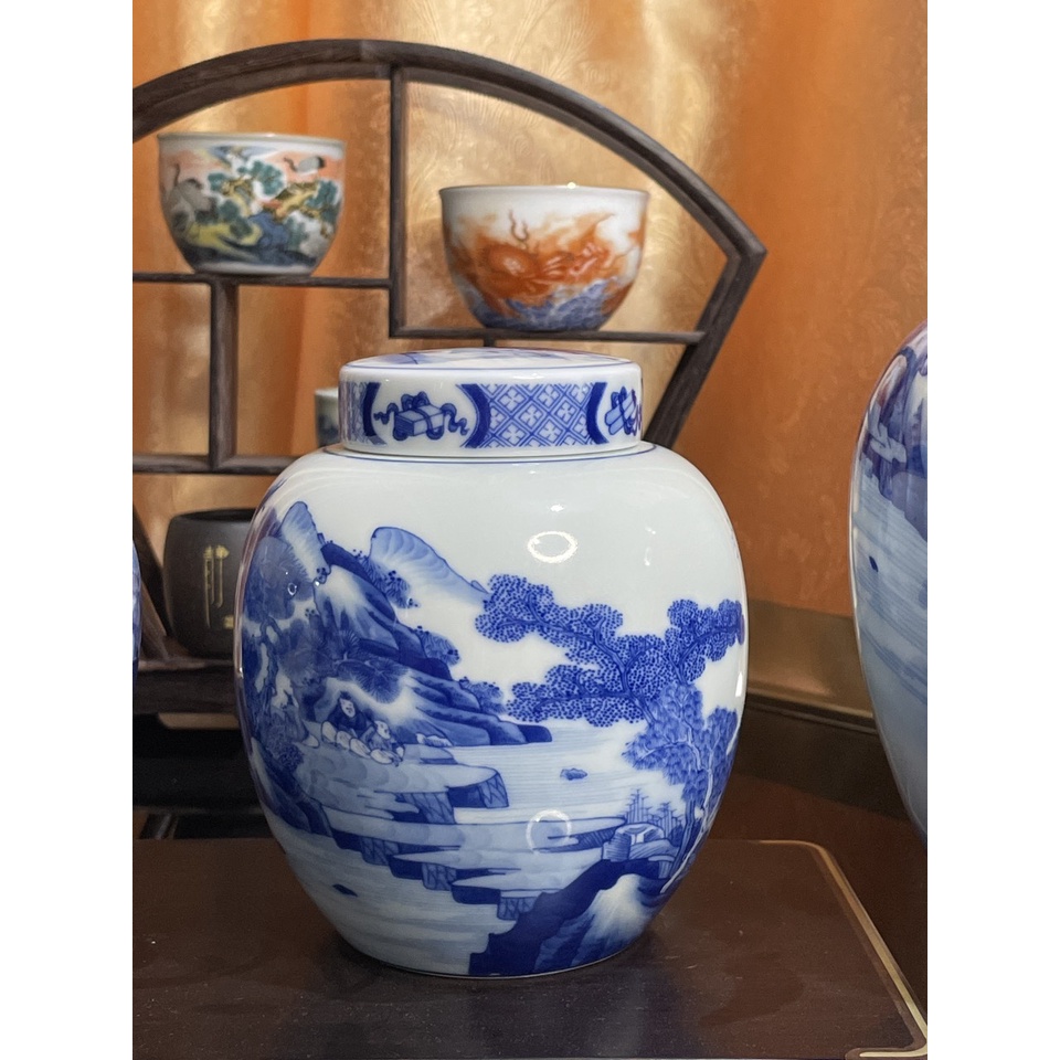 Hũ đựng trà nắp sứ 2 lớp - Sơn Thủy Trường Gian